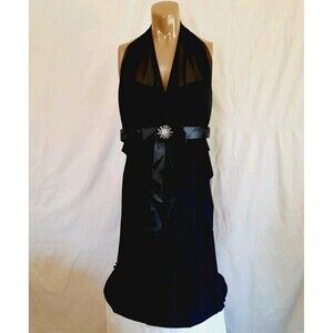 Betsy & Adam Size 14 Illusion Neckline Halter Cocktail Stretch Dress Black